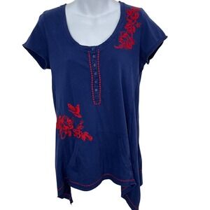 Johnny Was Deep Navy Scarlet Red Cotton Tunic Top Women's Size Small